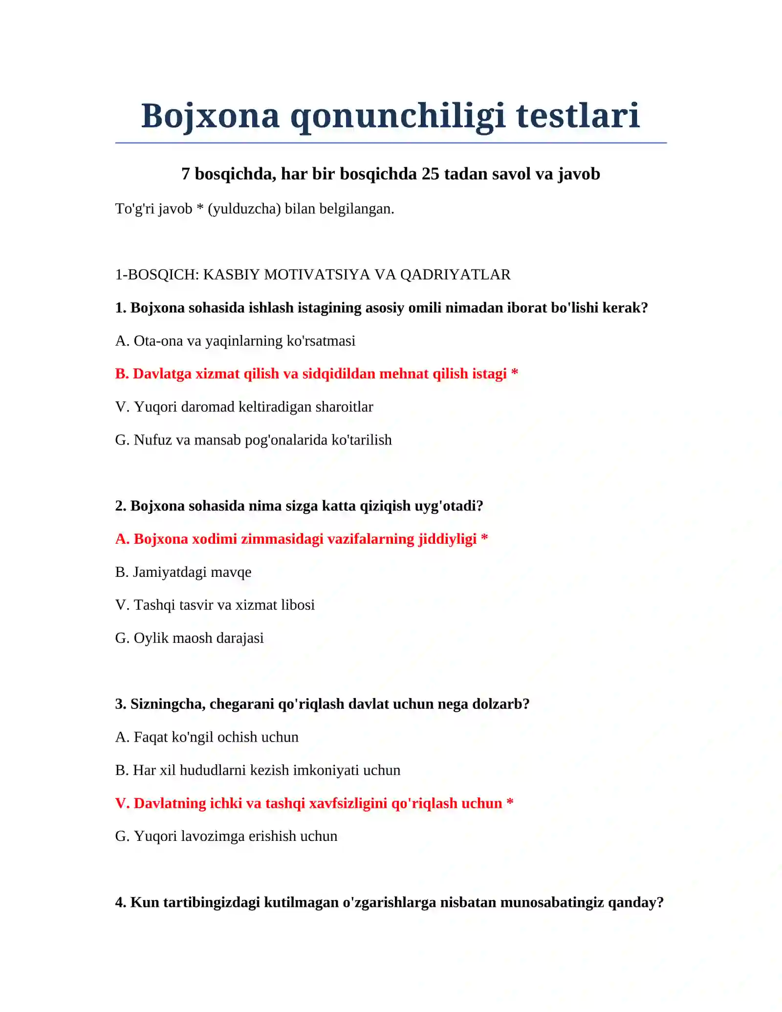 Bojxona qonunchiligi testlari 2