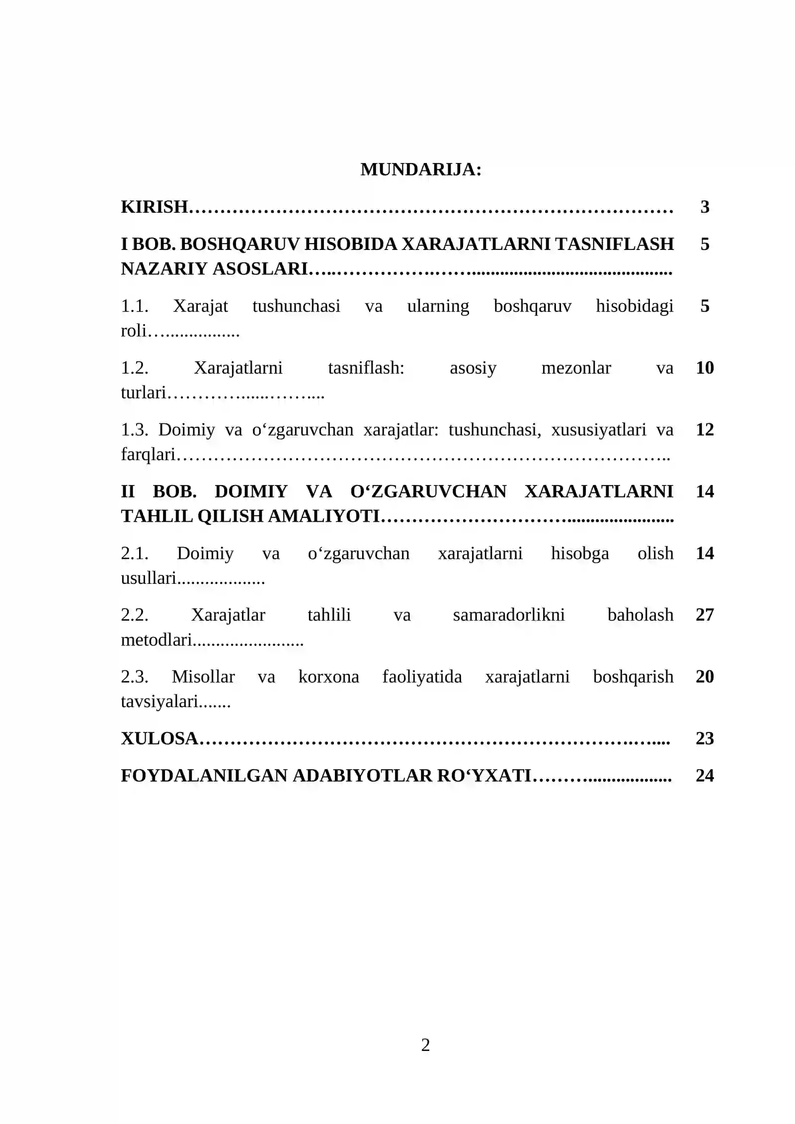 Boshqaruv hisobida xarajatlarni tasniflash. Doimiy va oʻzgaruvchan xarajatlar tahlili 2