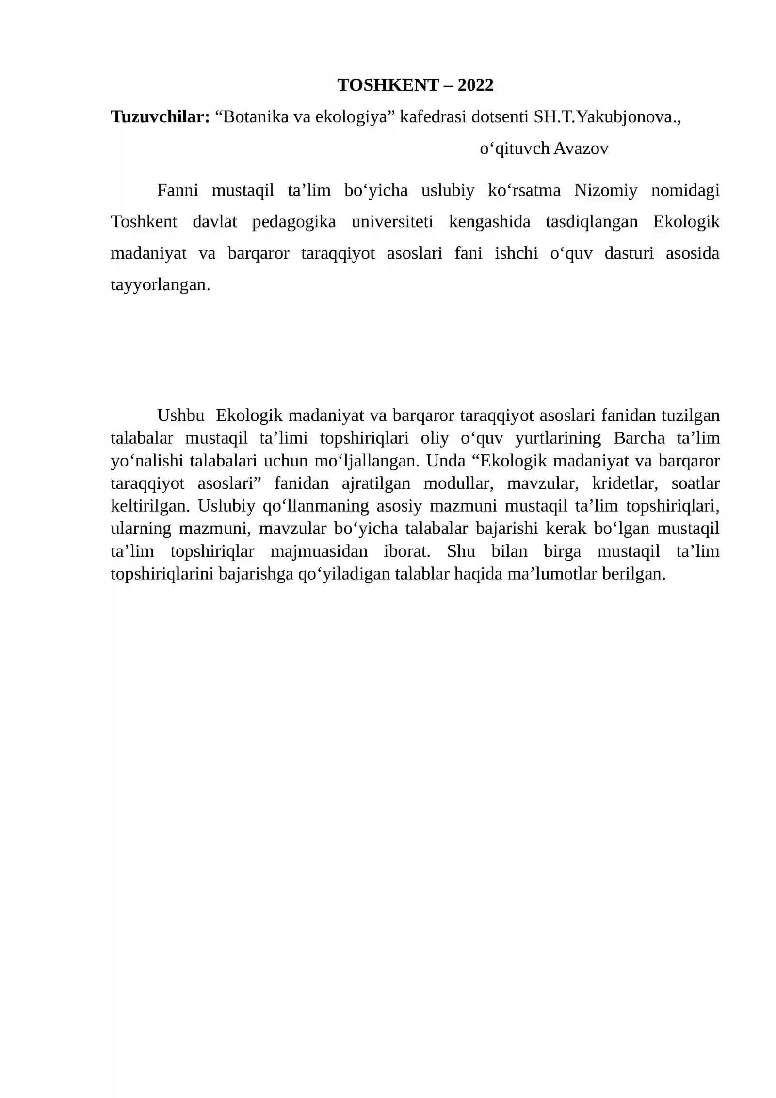 Ekologik madaniyat va barqaror taraqqiyot asoslari fani ta'lim bo'yicha uslubiy korsatma 2