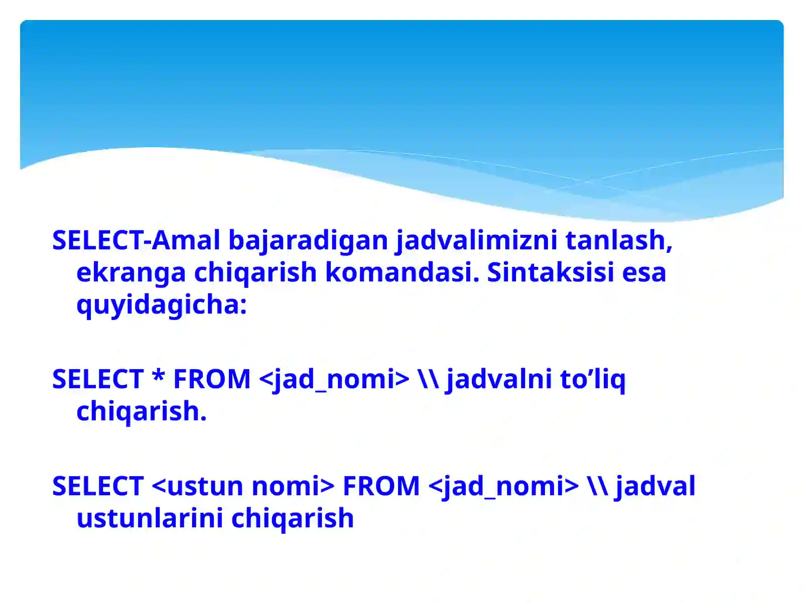 SQL serverda bazadan tanlash (select) va bazani o’chirish (drop) operatorlari 2