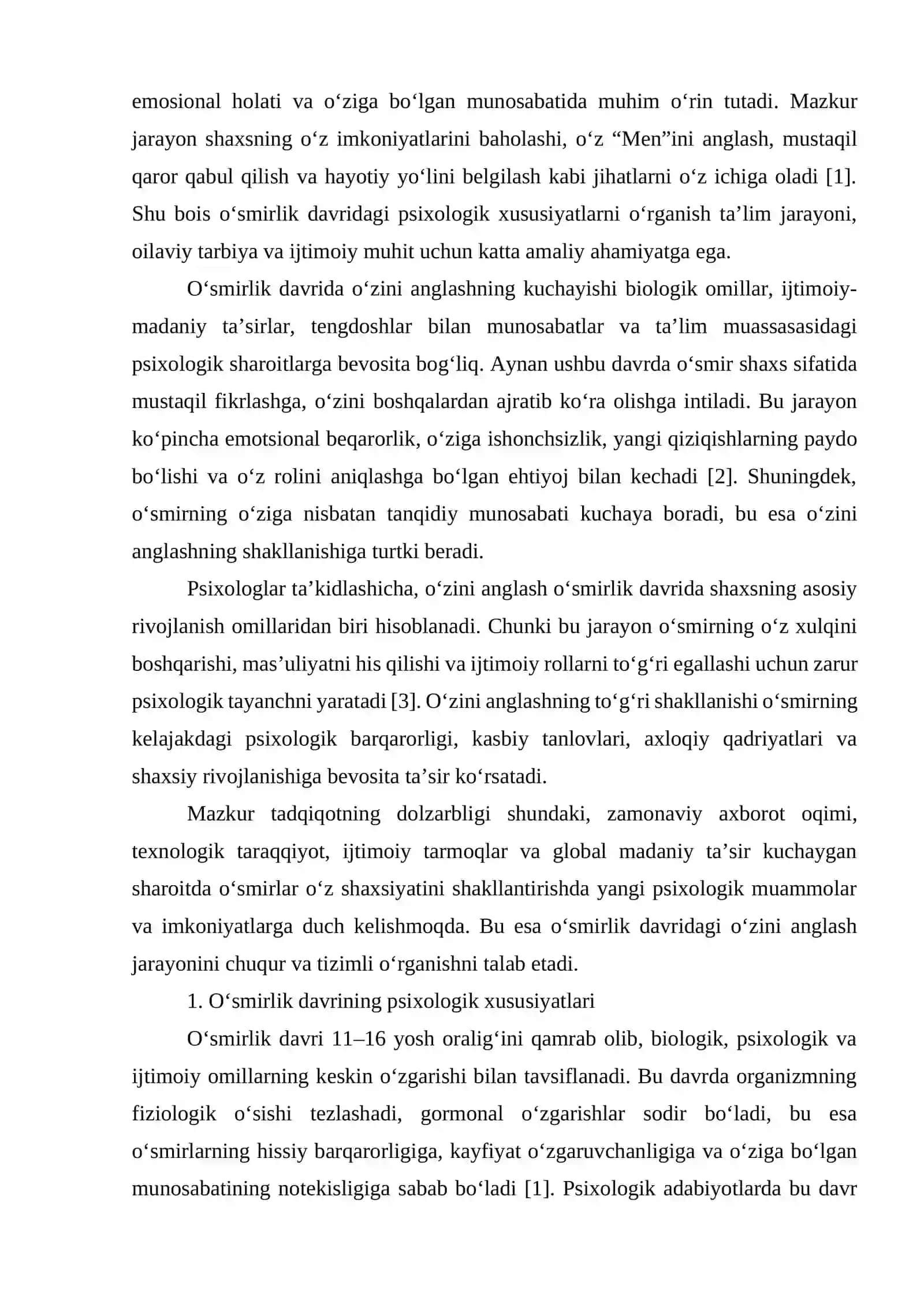 O'smirlik davrida o'zini anglash jarayonining psixologik xususiyatlari 2