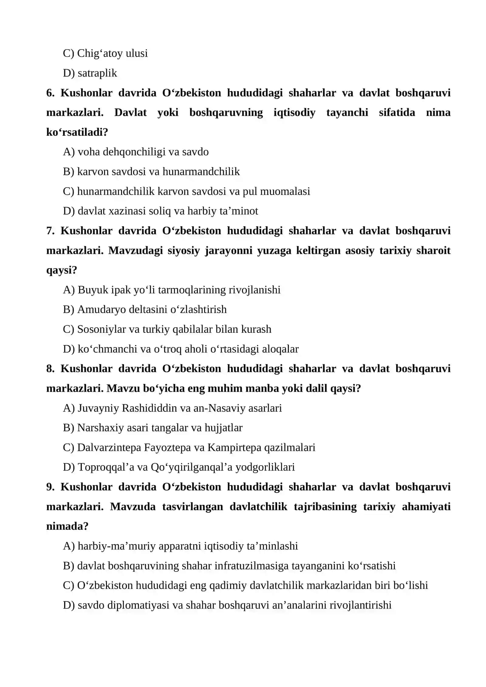 Kushonlar davrida O‘zbekiston hududidagi shaharlar va davlat boshqaruvi markazlari test 2