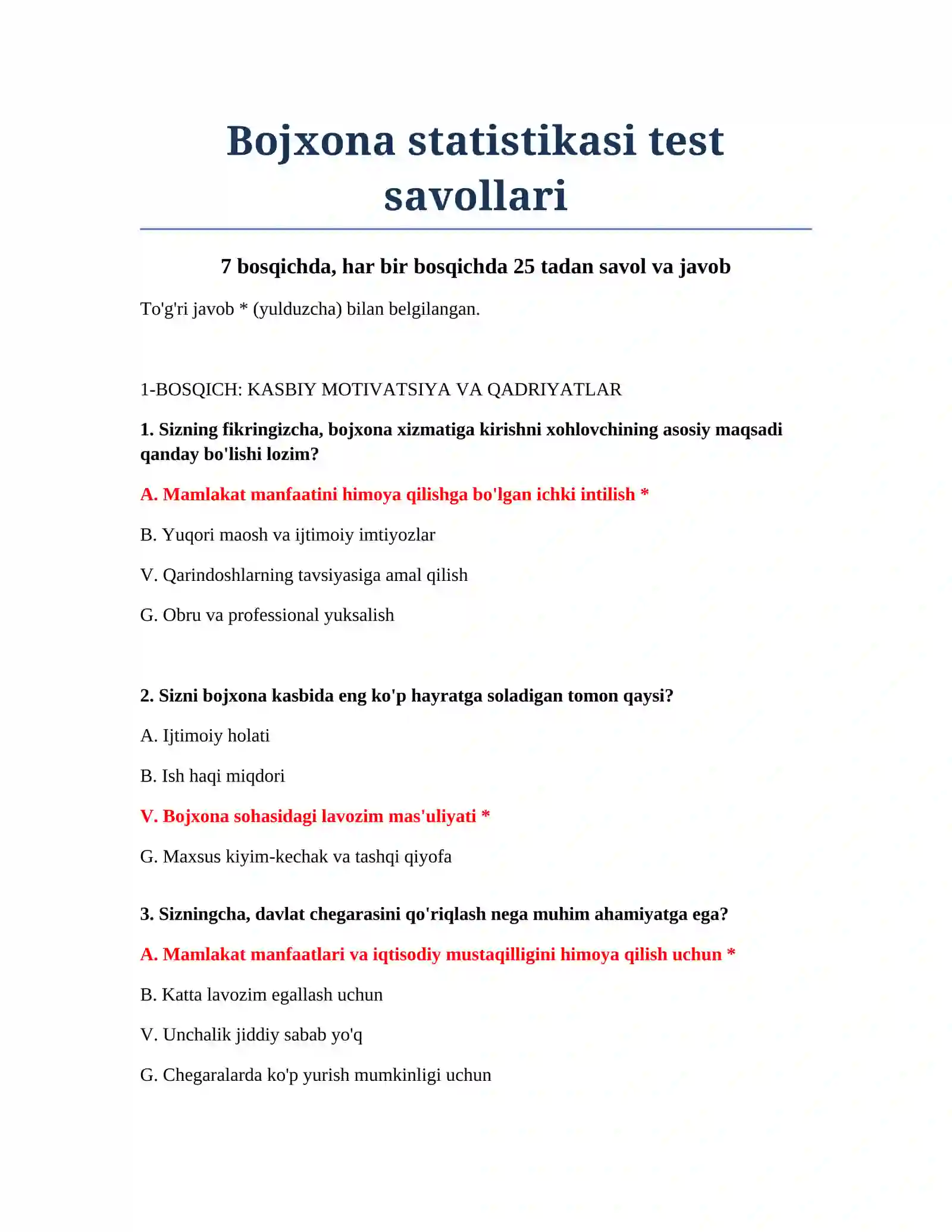 Bojxona statistikasi test savollari 2