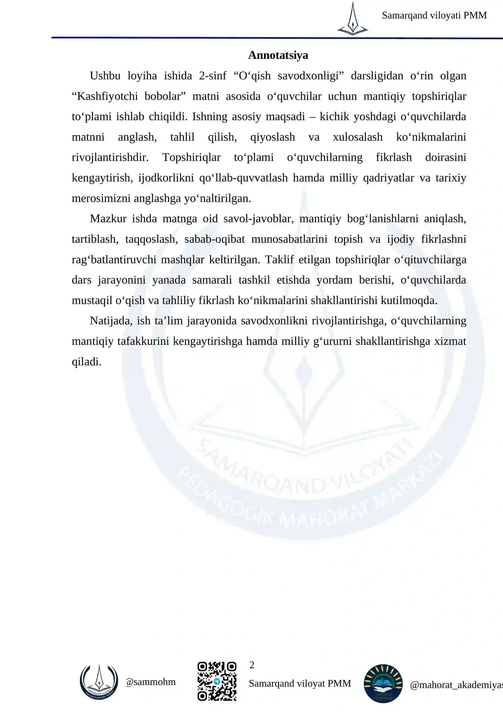 2-sinf "O‘qish savodxonligi" darsligidagi "Kashfiyotchi bobolar" matniga mantiqiy topshiriqlar to‘plamini tayyorlash 2