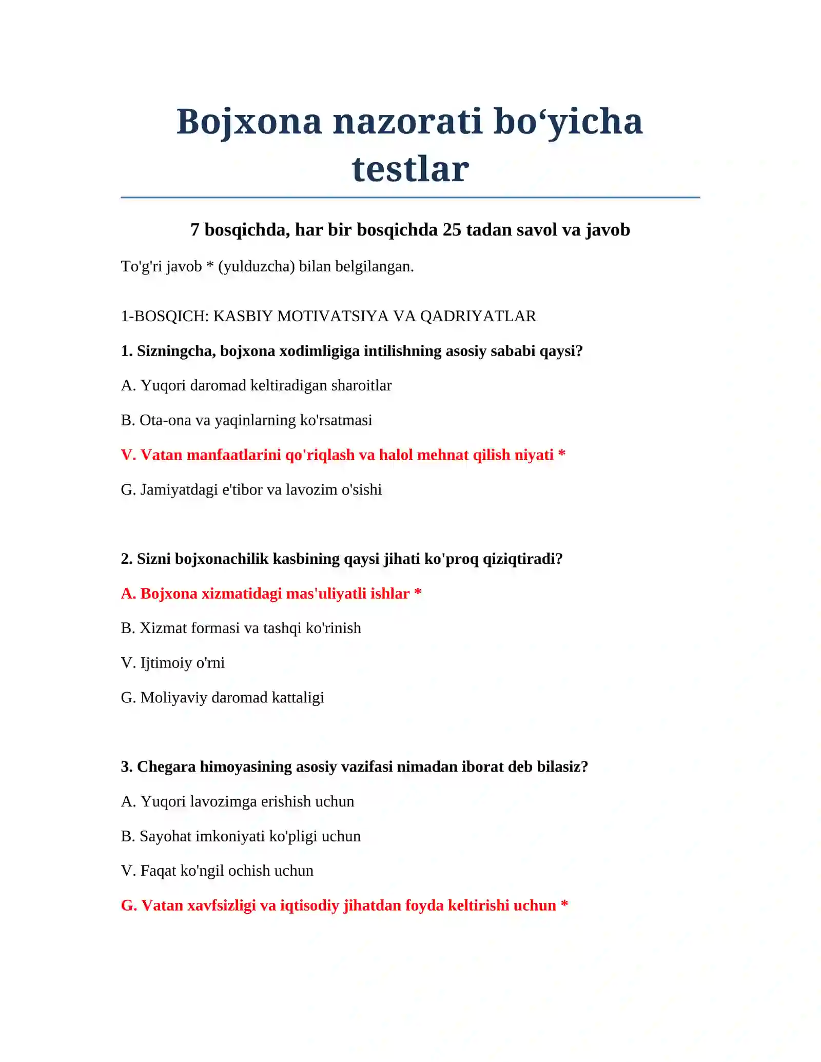 Bojxona nazorati bo‘yicha testlar 2