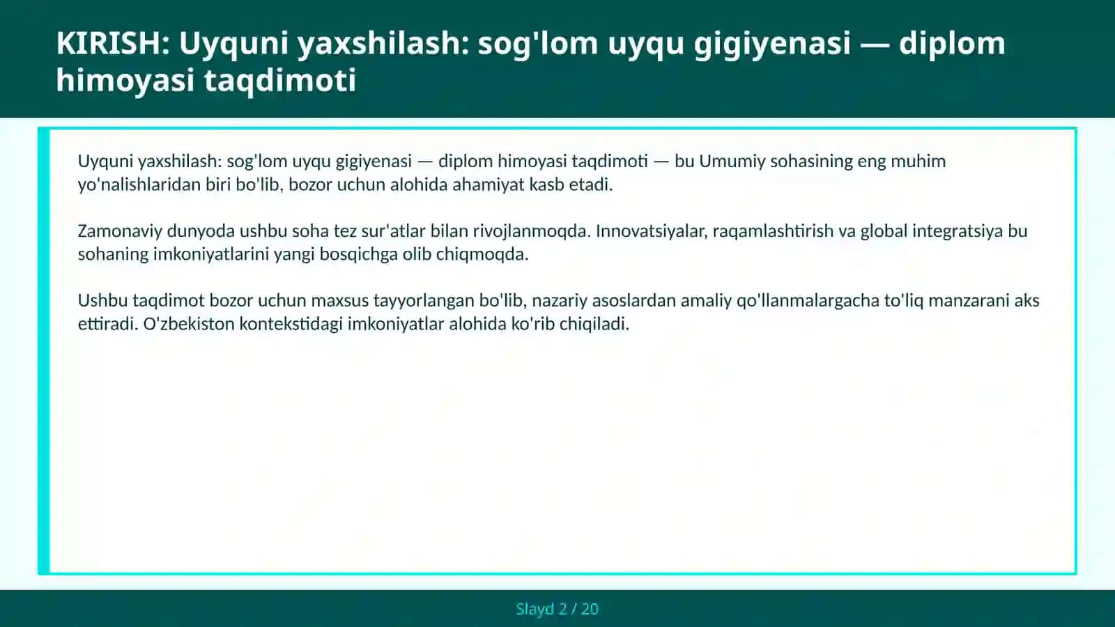 Uyquni yaxshilash: sog'lom uyqu gigiyenasi — diplom himoyasi taqdimoti 2