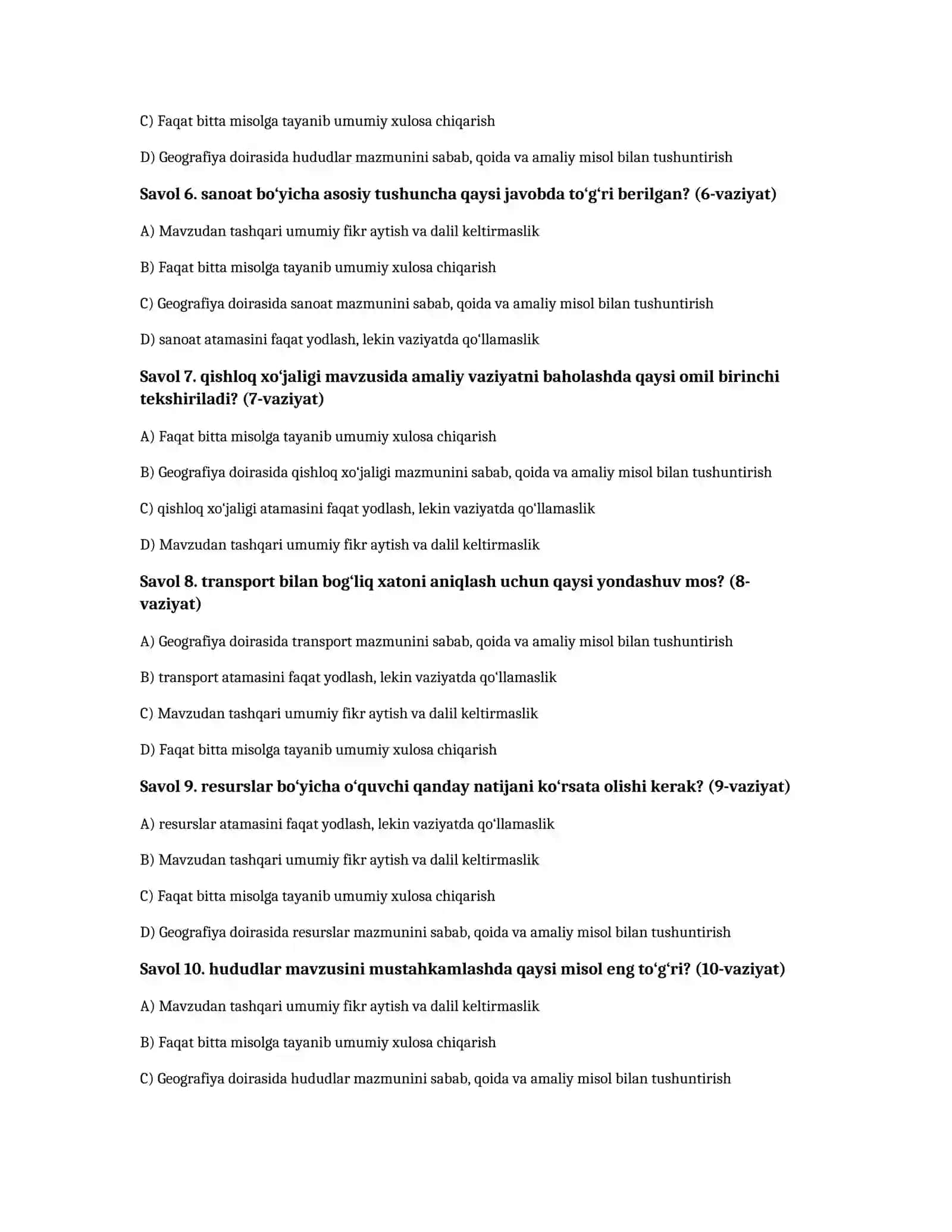 O‘zbekiston iqtisodiy geografiyasi — 100 test 2