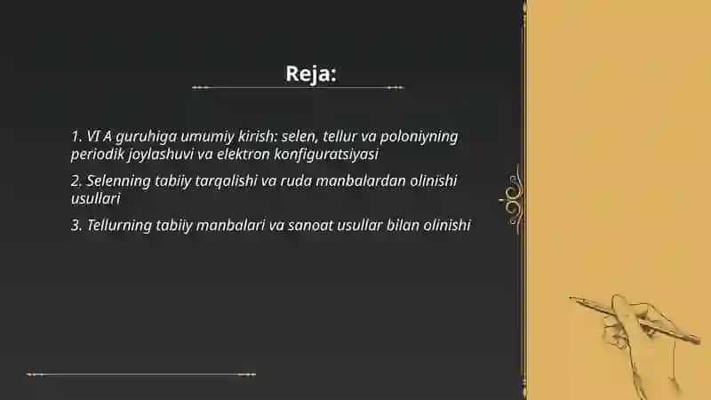 Vl A guruh elementlari. Selen, tellur va poloniy. Ularning olinishi va fizik -kimyoviy xossalari 2