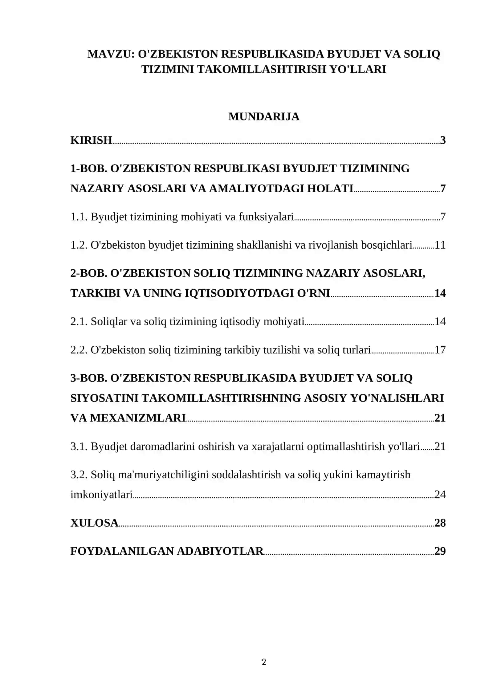 O'ZBEKISTON RESPUBLIKASIDA BYUDJET VA SOLIQ TIZIMINI TAKOMILLASHTIRISH YO'LLARI 2