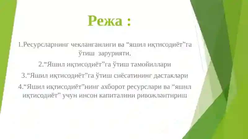 Яшил Иқтисодиётга ўтишнинг зарурияти, Даставкалари 2
