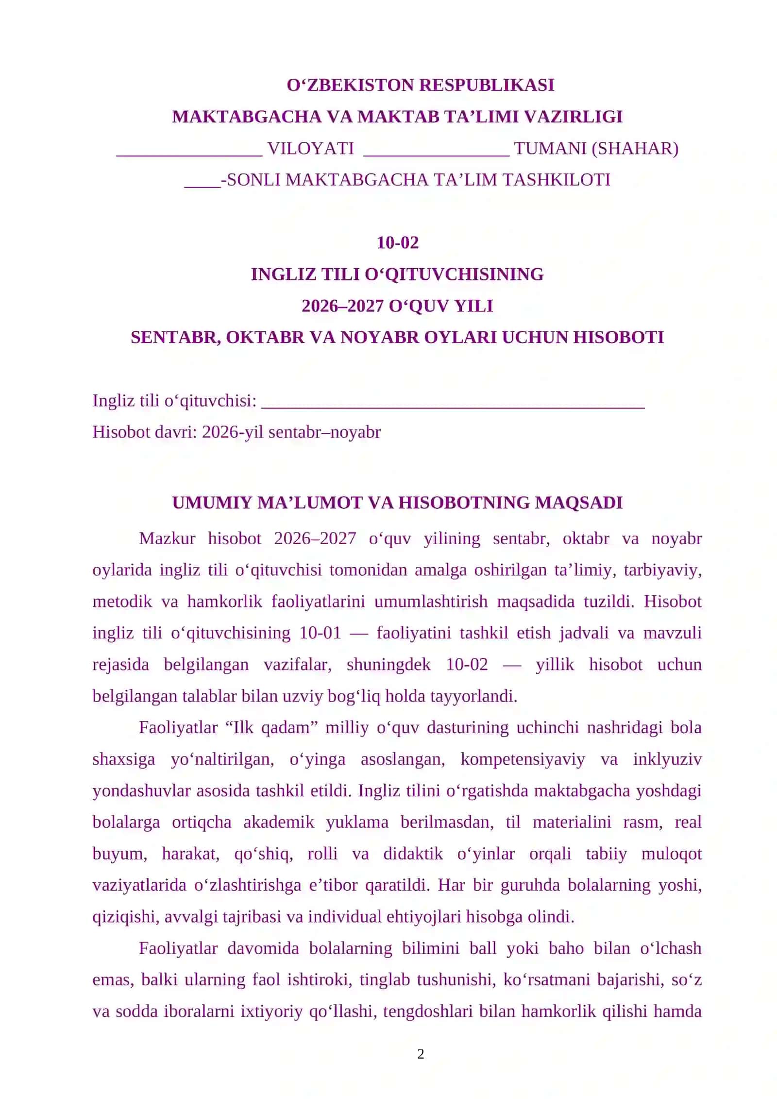 Ingliz Tili O‘qituvchisi Hisoboti 2