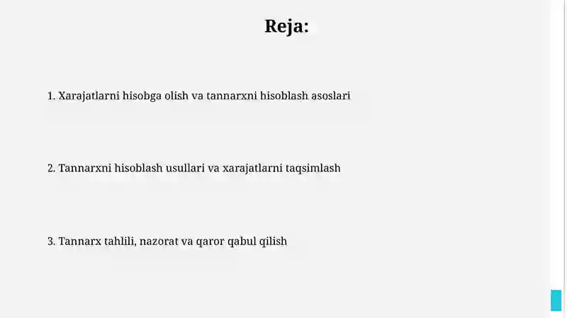 Boshqaruv hisobida xarajatlarni hisoba olish va tannarxni kalkulyatsiya qilish tartibi 2