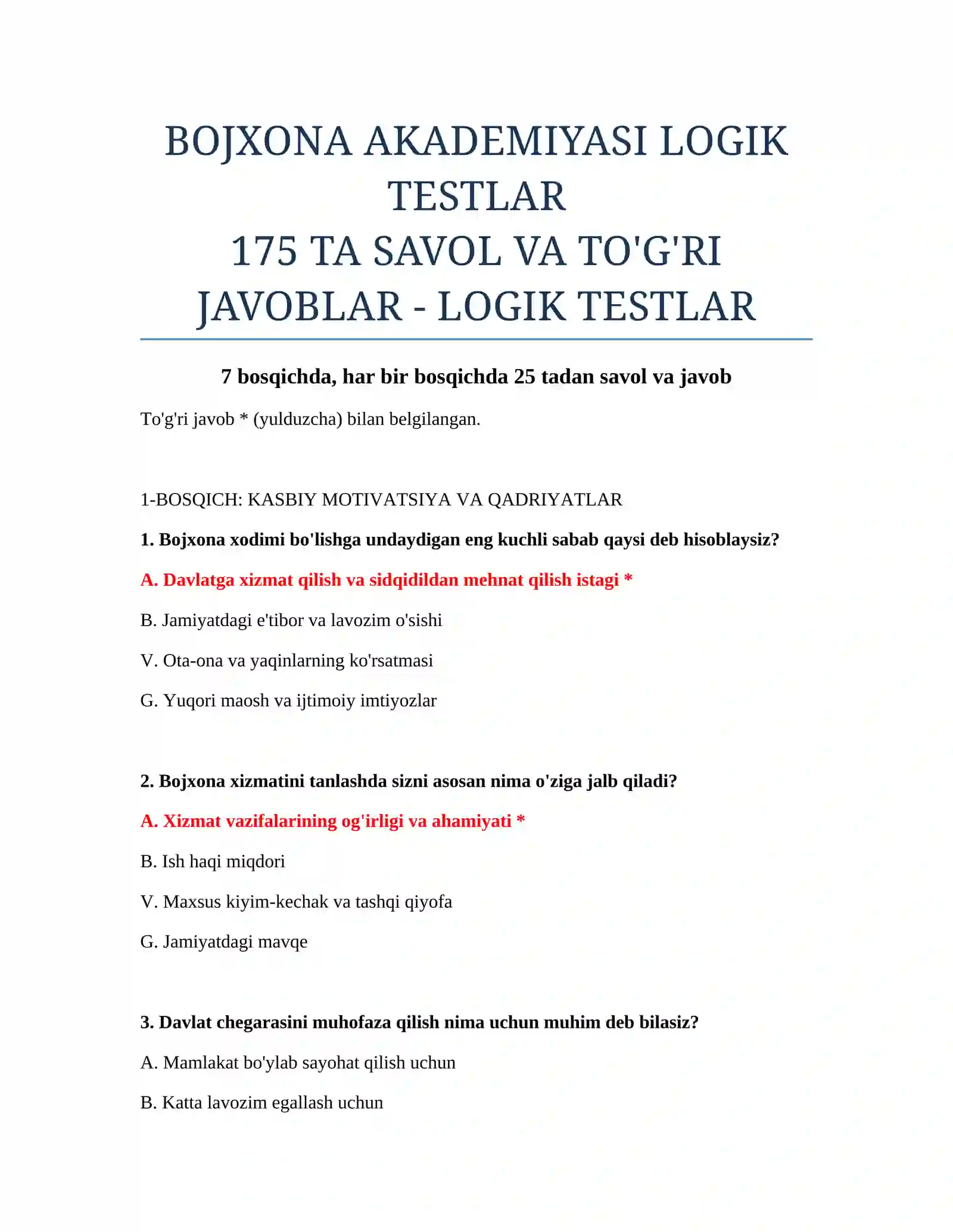 BOJXONA AKADEMIYASI LOGIK TESTLAR 2