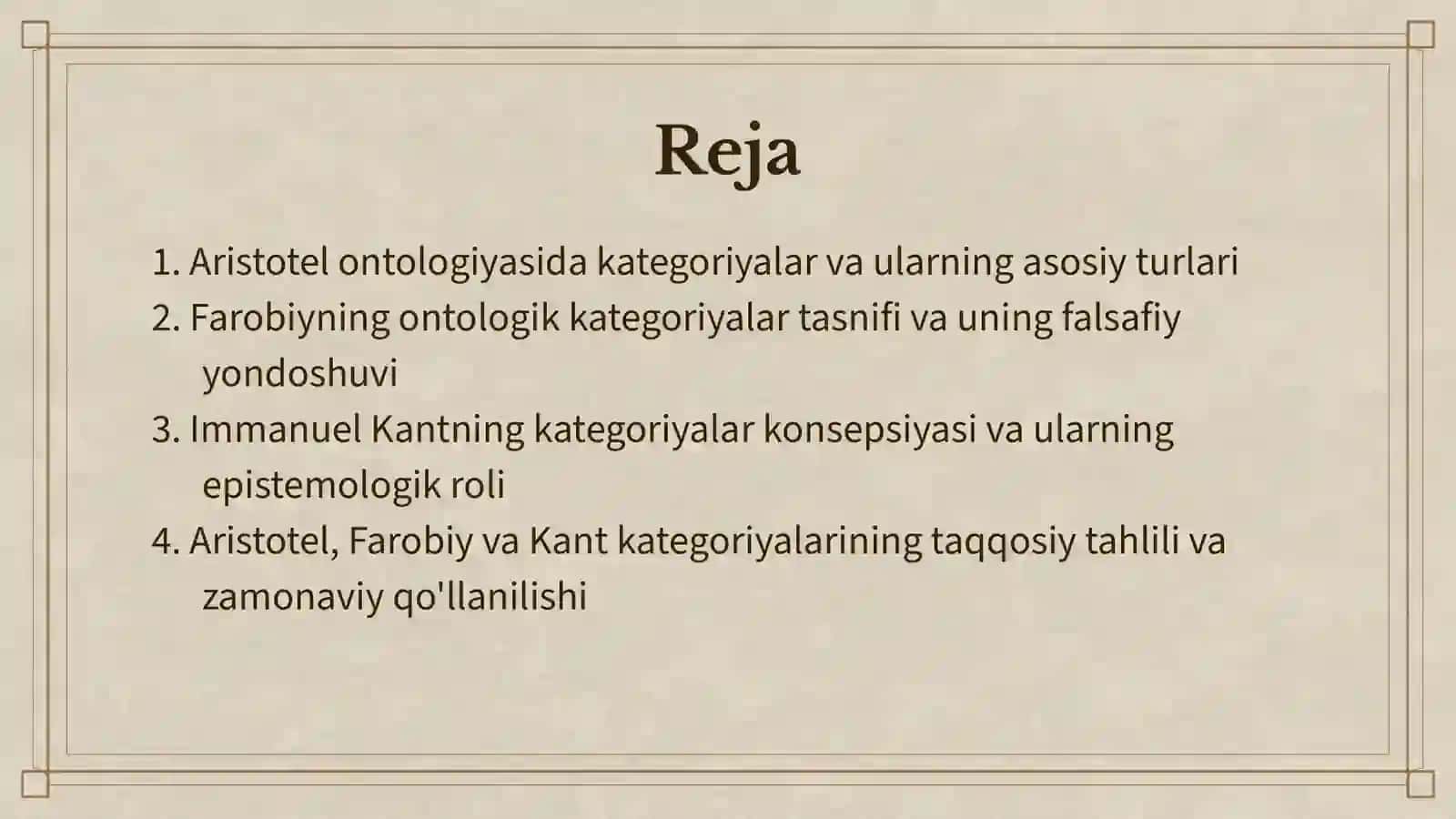 ARISTOTEL, FAROBIY VA KANT ONTOLOGIYASIDA KATEGORIYALARNING TASNIFI 2