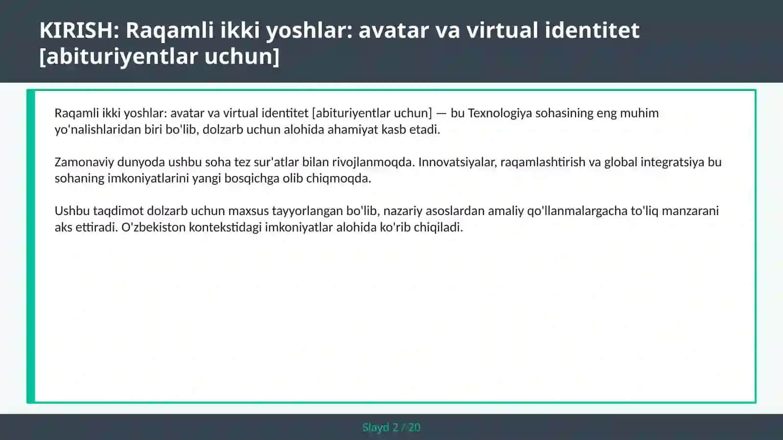 Raqamli ikki yoshlar: avatar va virtual identitet [abituriyentlar uchun] 2