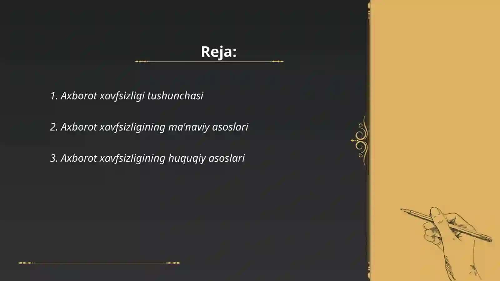 Oʻzbekiston axborot xavsizligining manaviy va huquqiy asoslari huquqiy xujjatlardagi ifodasi 2