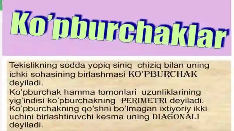 Koʻpburchaklar perimetri hamda yuzasini hisoblash.Perimetr va yuza oʻlchov birliklari va ular orasidagi bogʻlanishga doir masalalar yechish. 2