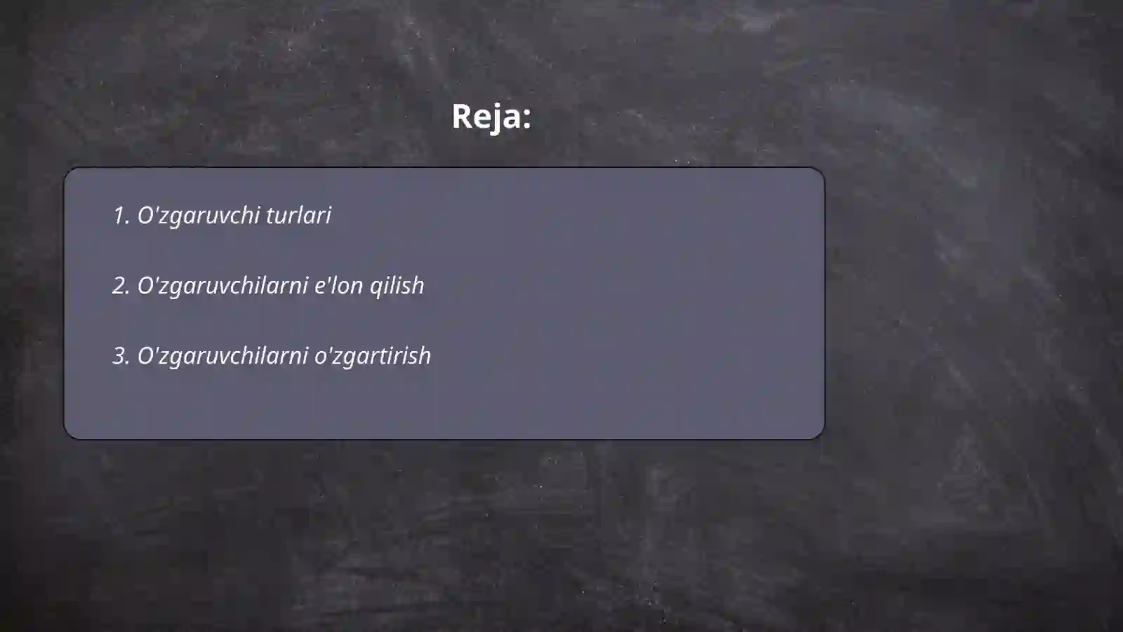 Python dasturlash tilida õzgaruvchilar va operatorlar 2