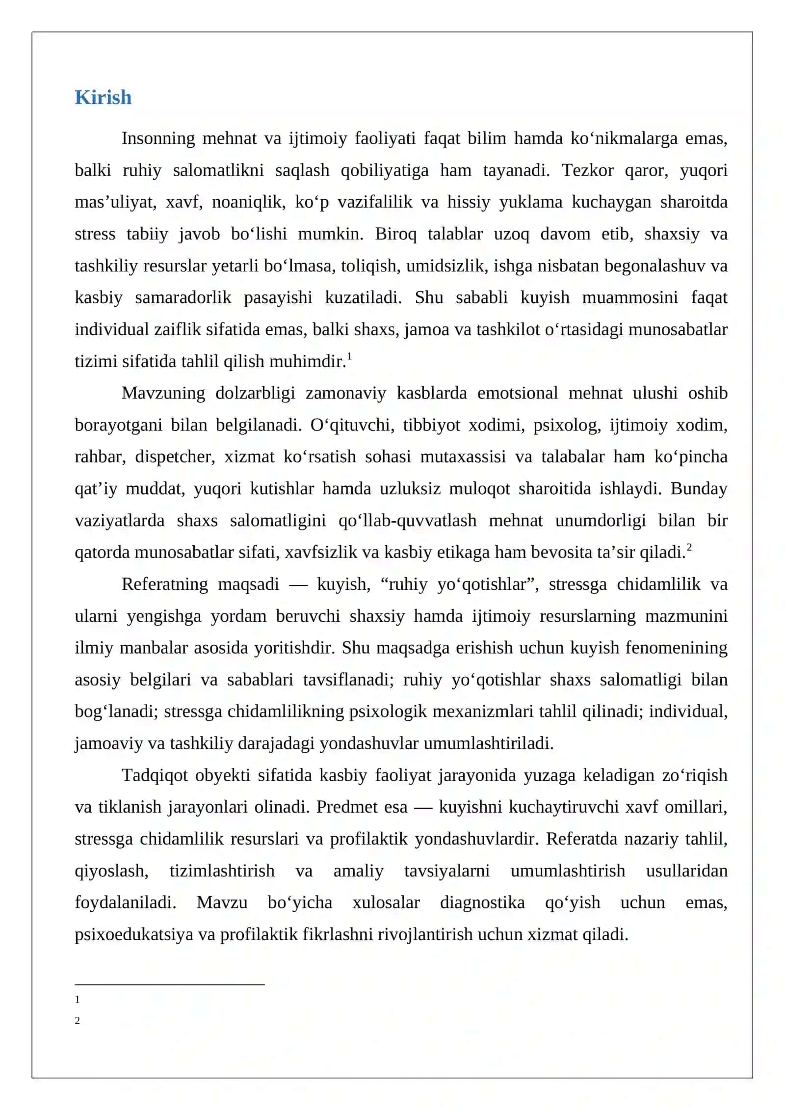 Kuyish, ruhiy yo‘qotishlar va shaxs salomatligi. Stressga chidamlilik va kuyishni yengish resurslari. Kuyishni yengishning shaxsiy va ijtimoiy resurslari Referat.docx 2
