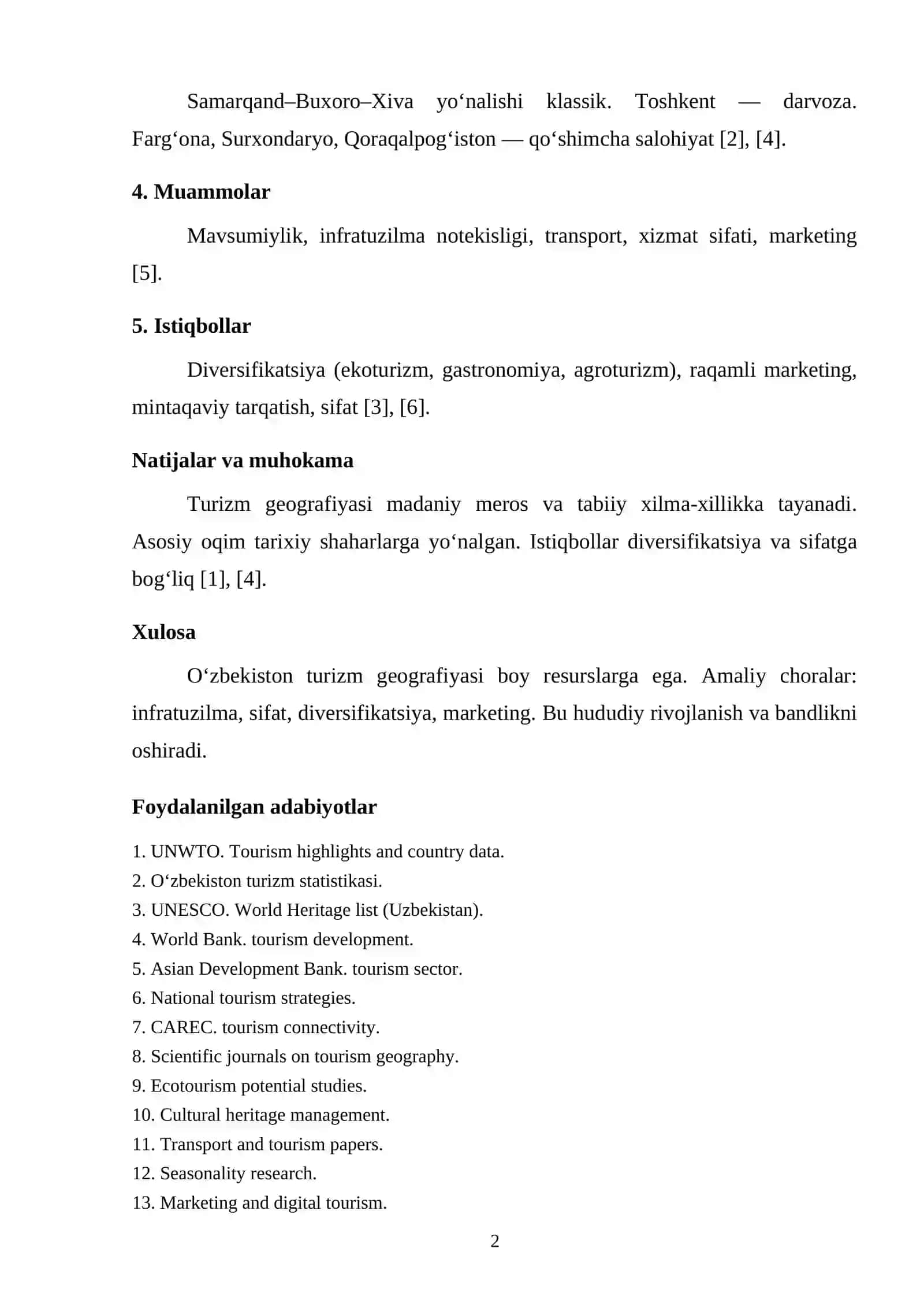 O‘ZBEKISTONDA TURIZM GEOGRAFIYASI VA TURISTIK HUDUDLARNING RIVOJLANISH ISTIQBOLLARI 2