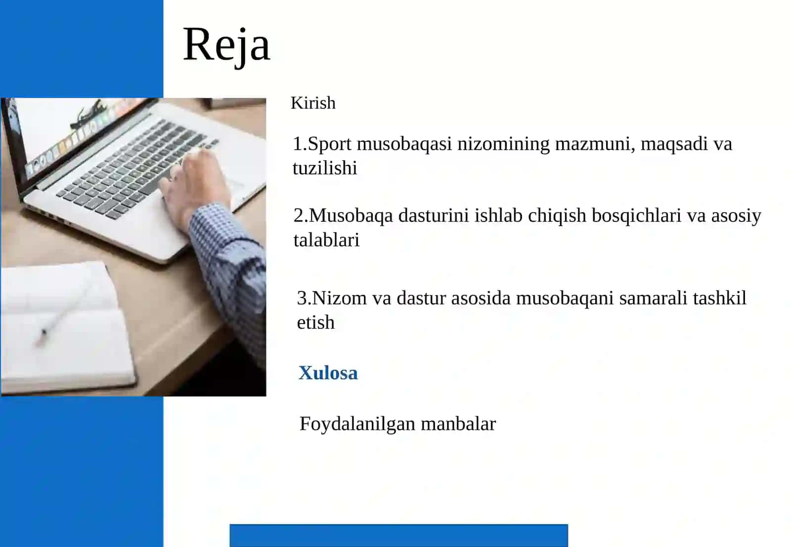 Sport musobaqalarida nizom tuzish va musobaqa dasturini ishlab chiqish. 2