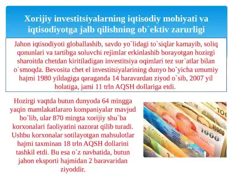 Xorijiy investitsiyalarni jalb qilishningcheteltajribasi 2