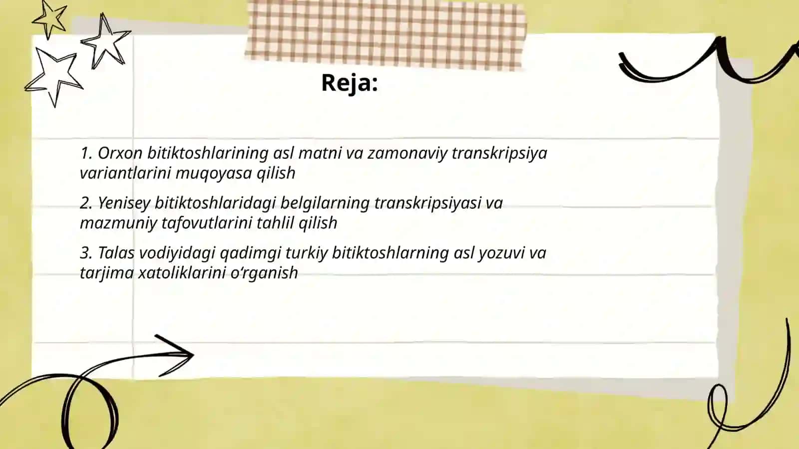 Qadimgi turkiy bitiktoshlarni ustida kuzatishlar olib borish,ularning asli,transkripsiyasi mazmunini muqoyasa qilish 2