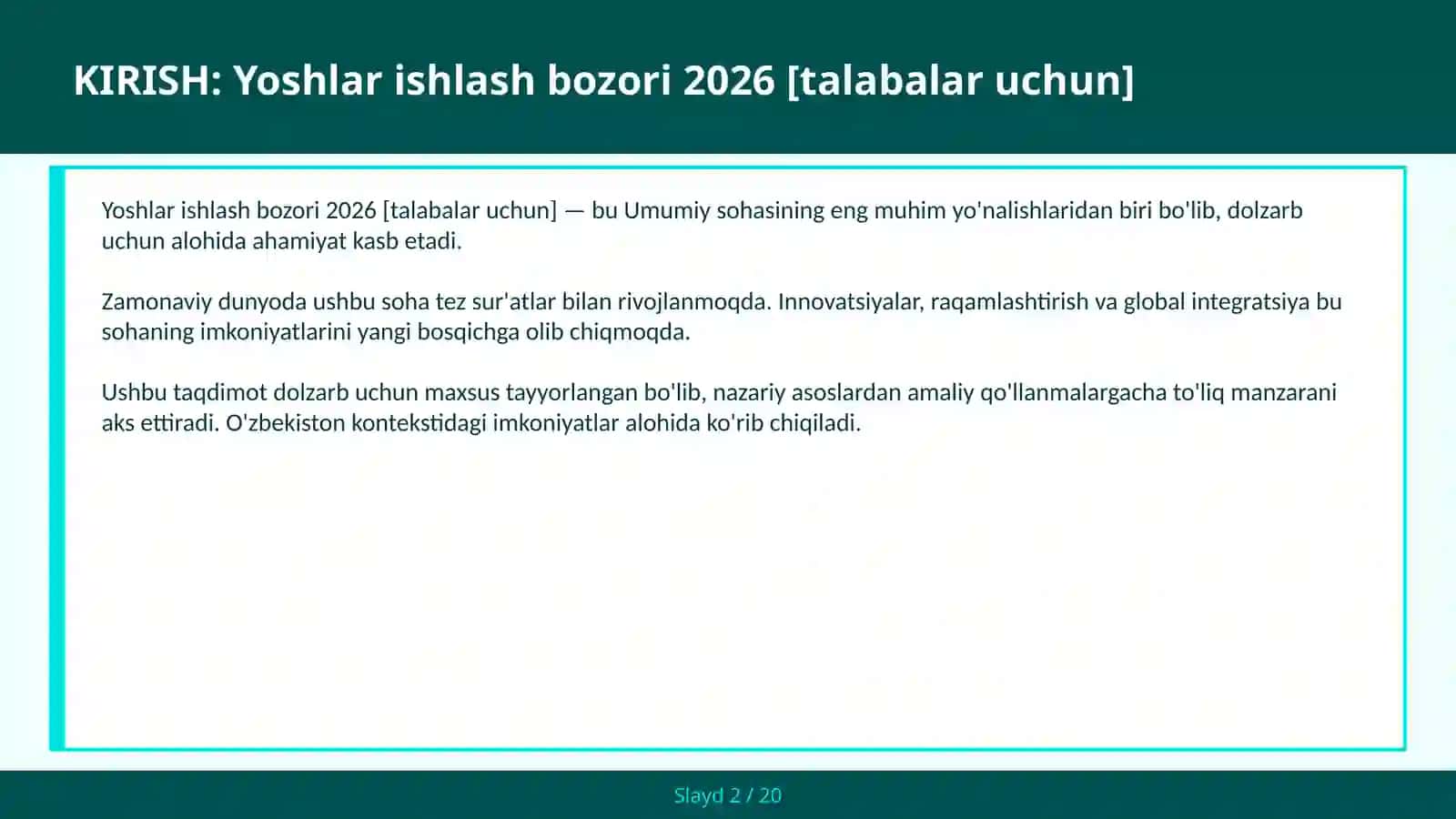 Yoshlar ishlash bozori 2026 [talabalar uchun] 2