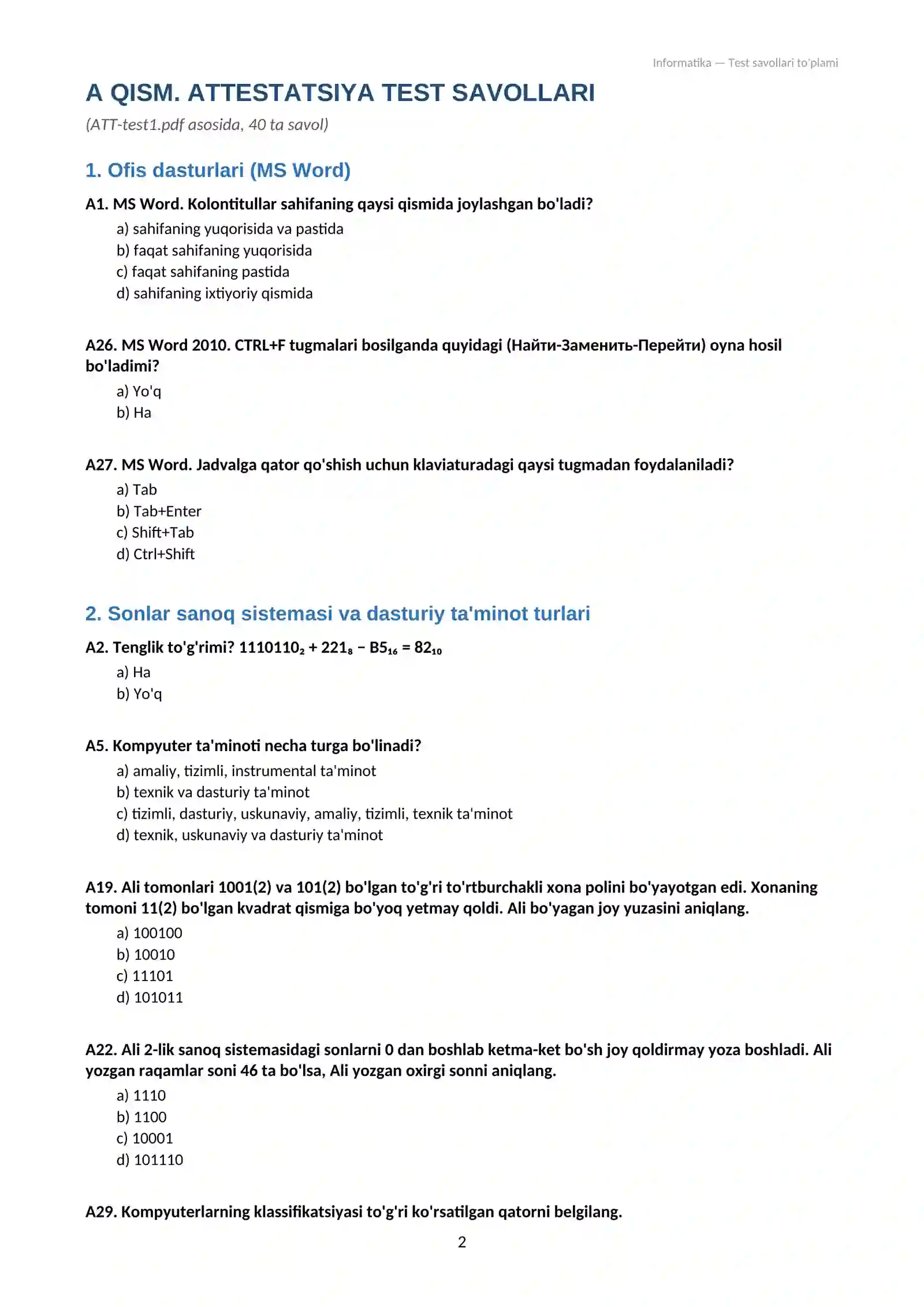 Attestatsiya test informatika 2