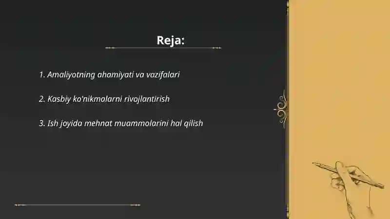 Amaliyot davomida o’rganilgan bilim va ko’nikmalar 2