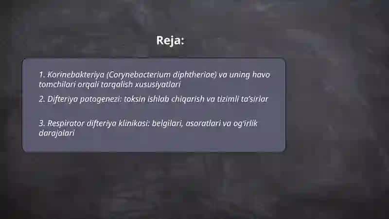 Havo tomchilari orqali yuquvchi kasalliklari (korinebakteriya mikobakteriya Tuberkuloz) 2