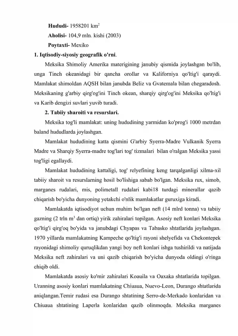Meksikaning iqtisodiy-geografik o’rni,tabiiy resurslari,aholisi va xo’jaligi. 2