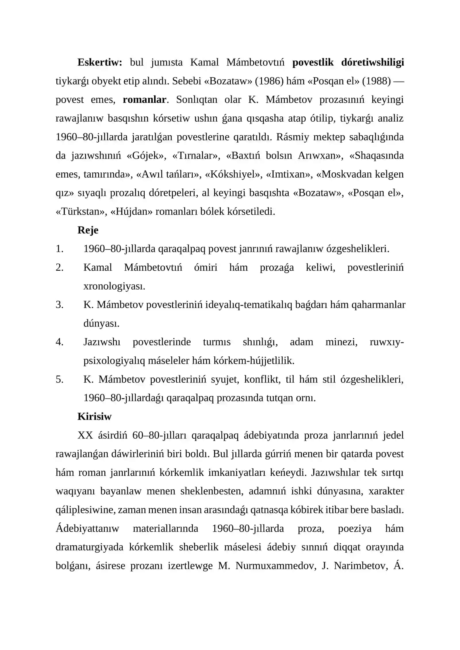 1960–80-jıllardaǵı qaraqalpaq povestleri: K. Mámbetov shıǵarmaları 2