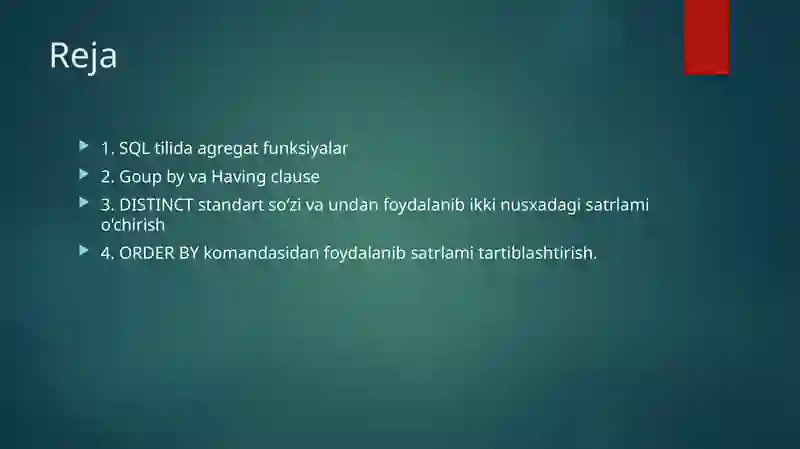 SQLda jarayonlar va standart funksiyalar 2