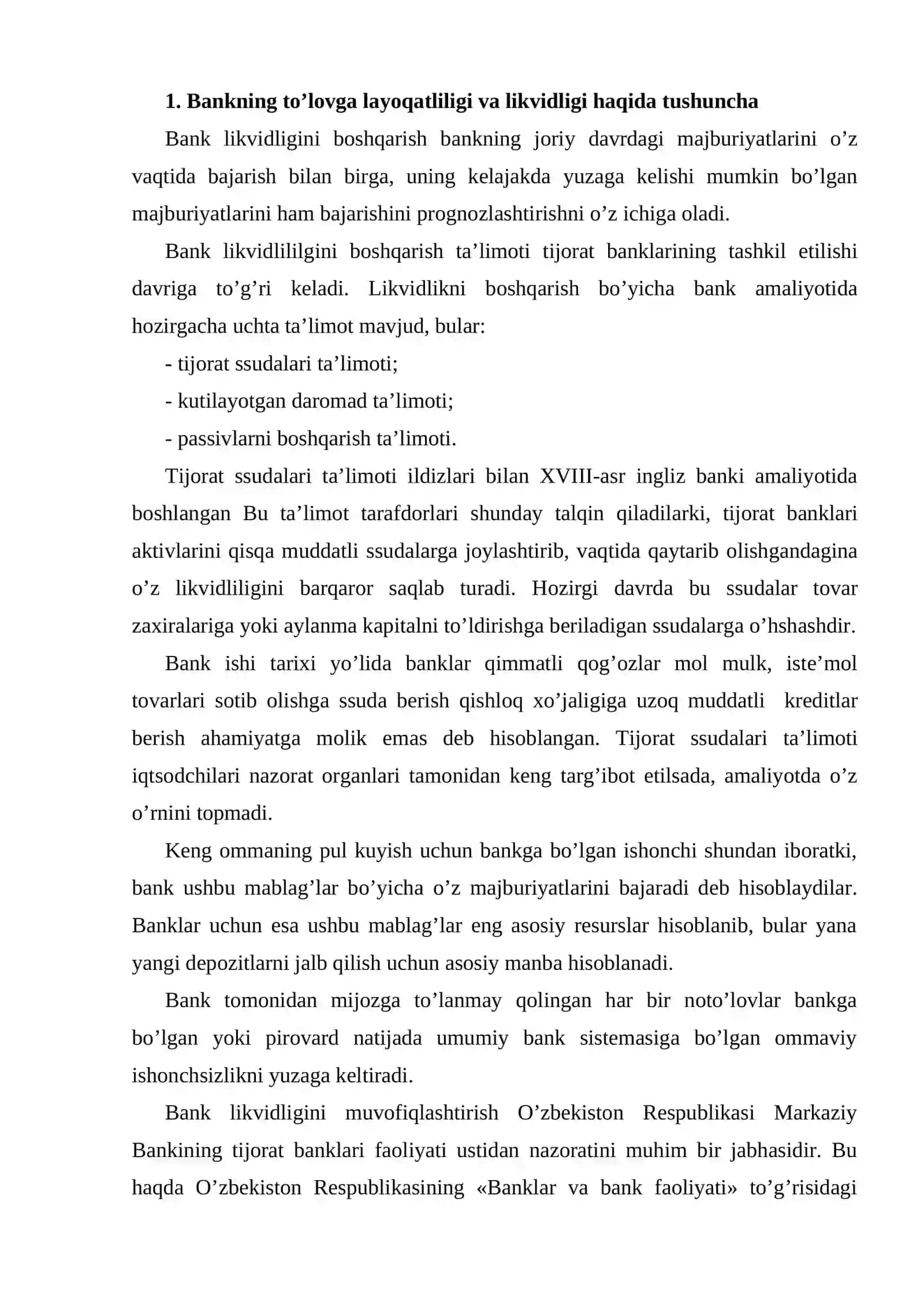 Tijоrat banklarining to’lоvga layoqatliligi va likvidligi 2