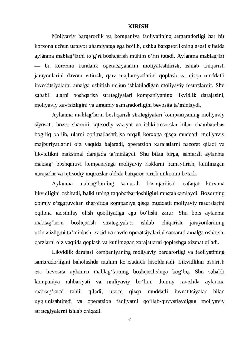 Kompaniyaning aylanma mablag'larini boshqarish strategiyalari va ularning likvidlikka ta'siri 2