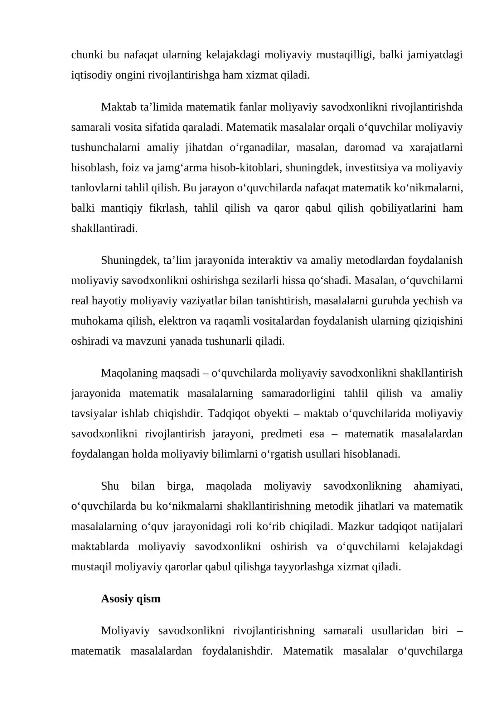 Matematik masalalar orqali moliyaviy savodxonlikni shakllantirish 2