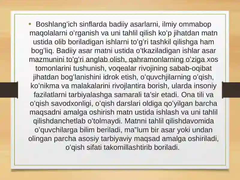 Badiiy asar matni ustida ishlash. Matnni o‘quvchilar mustaqil o‘qishi. Hikoya matni ustida ishlash metodikasi. Ertak janriga xos matnlar ustida ishlash . 2