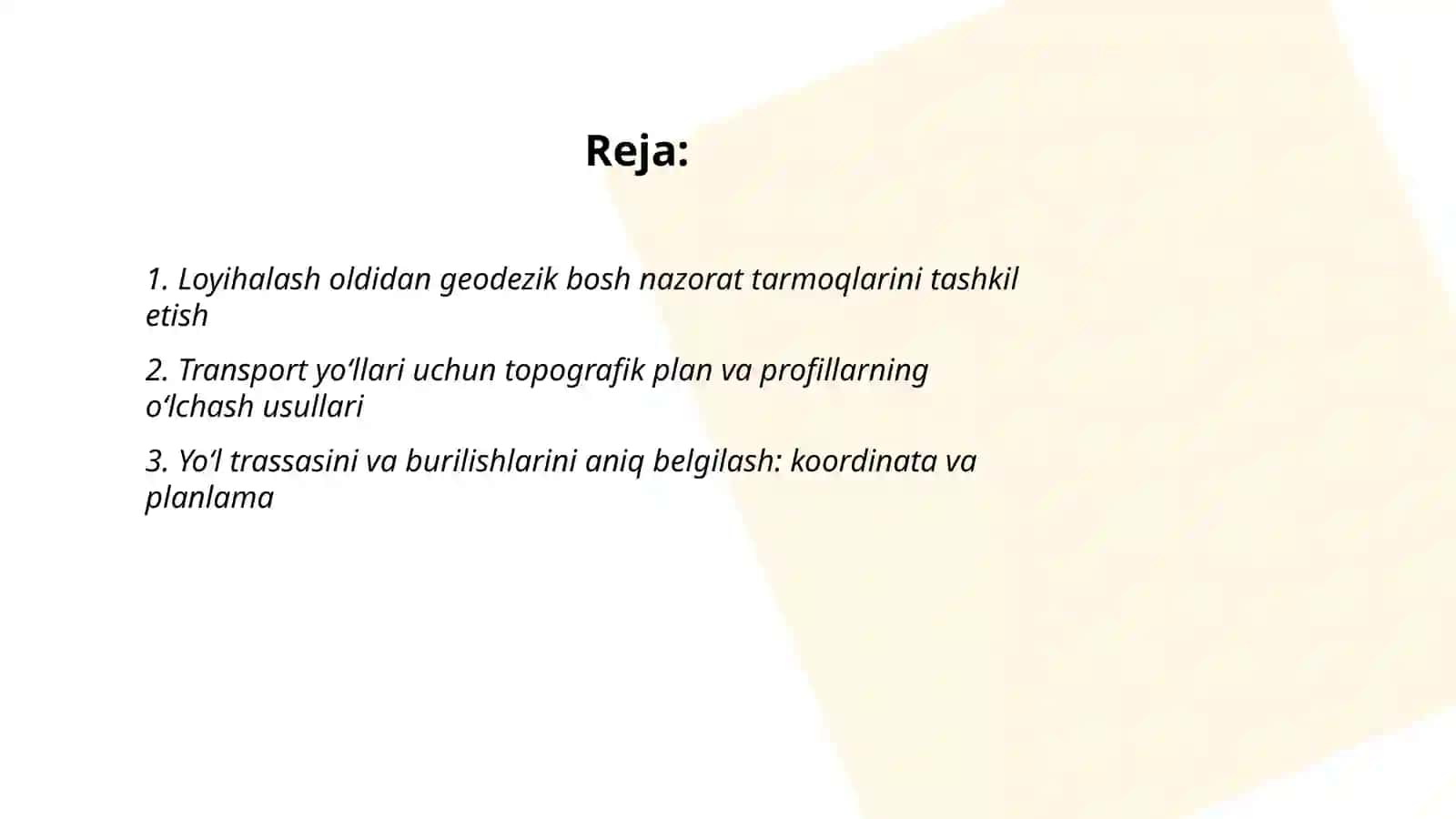 Avtomobil yo‘llari va yo‘l inshootlarini qidiruv – loyihalashdagi muxandislik 2