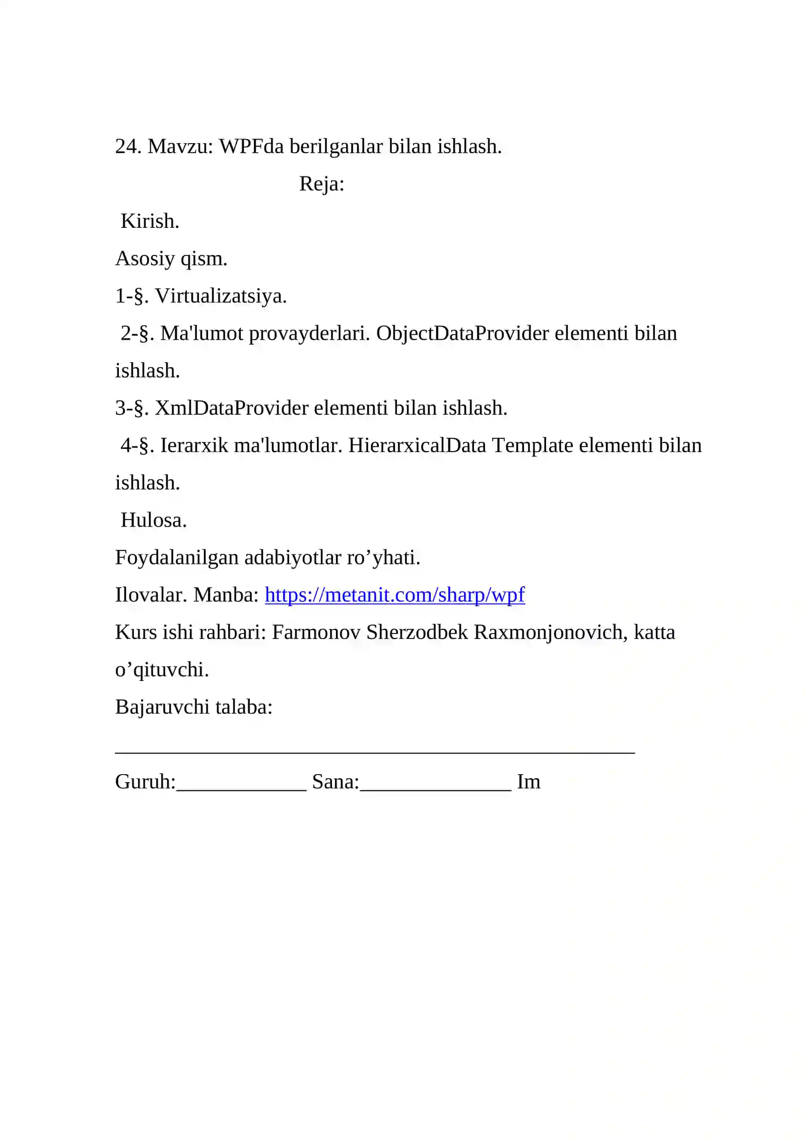 WPF da berilganlar bilan ishlash 2