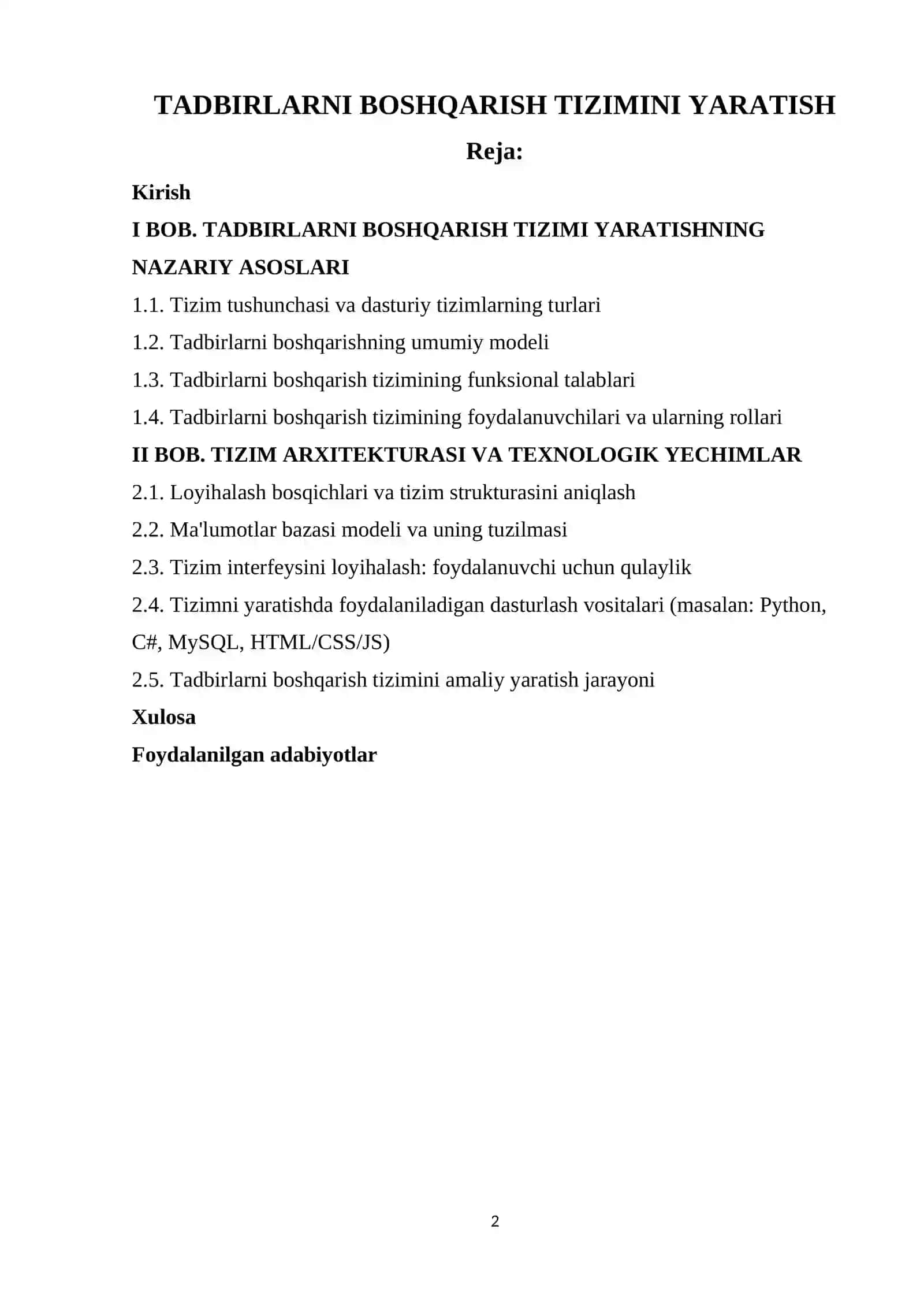 TADBIRLАRNI BOSHQARISH TIZIMINI YARATISH 2