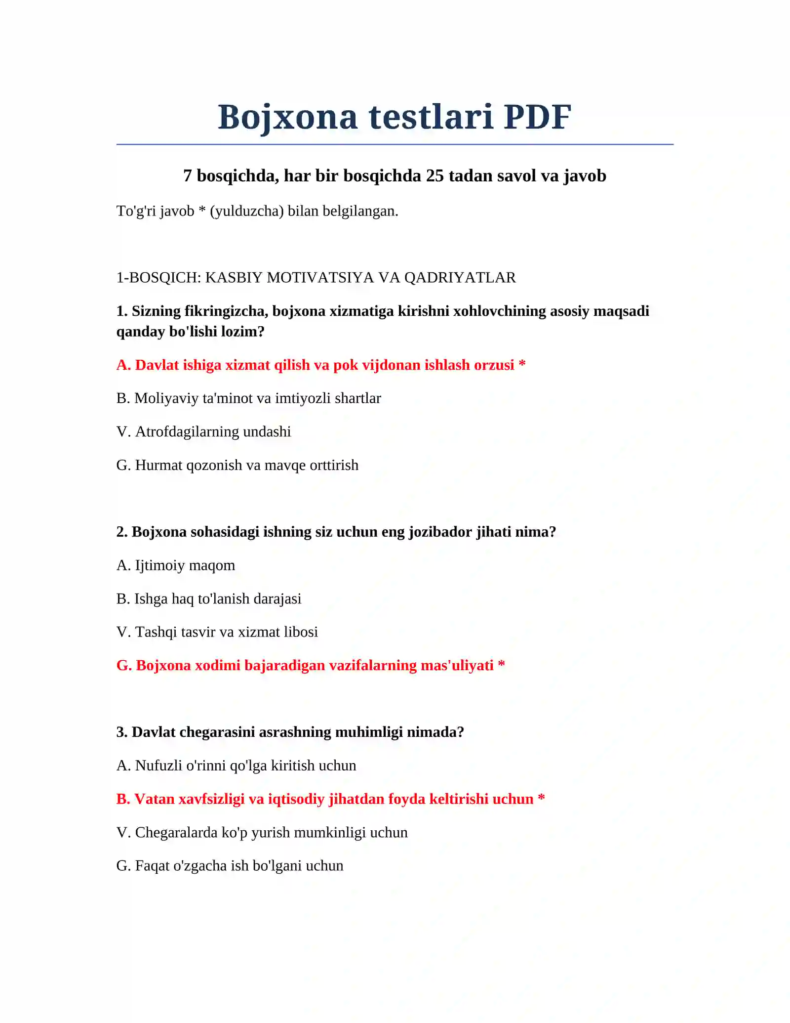 Bojxona testlari PDF 2
