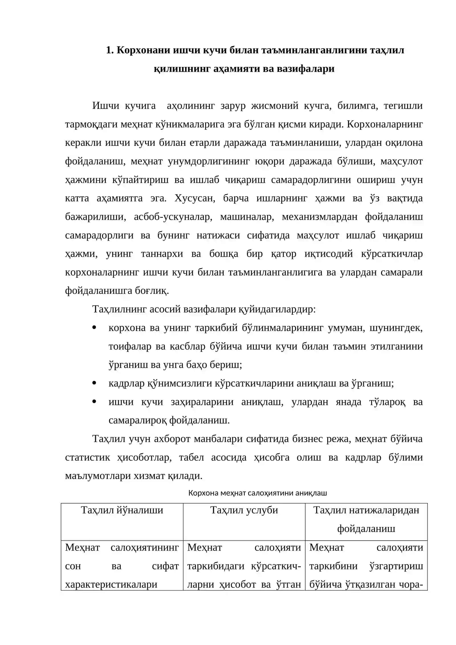 Корхонанинг ишчи кучи билан таъминланганлигини таҳлил қилиш 2