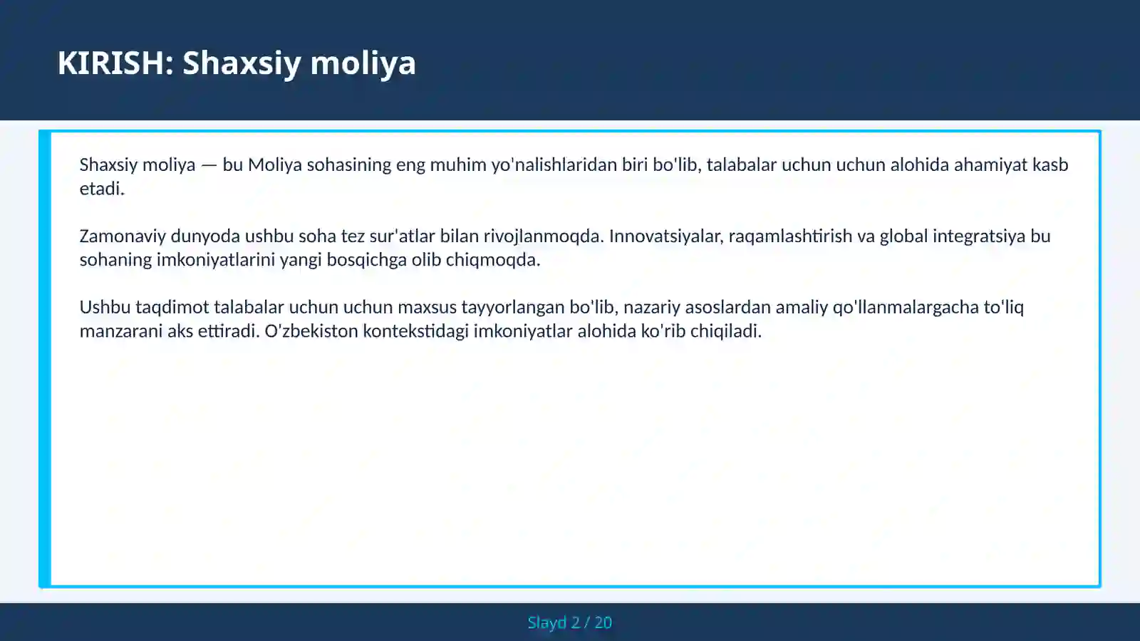 SHAXSIY MOLIYA 2