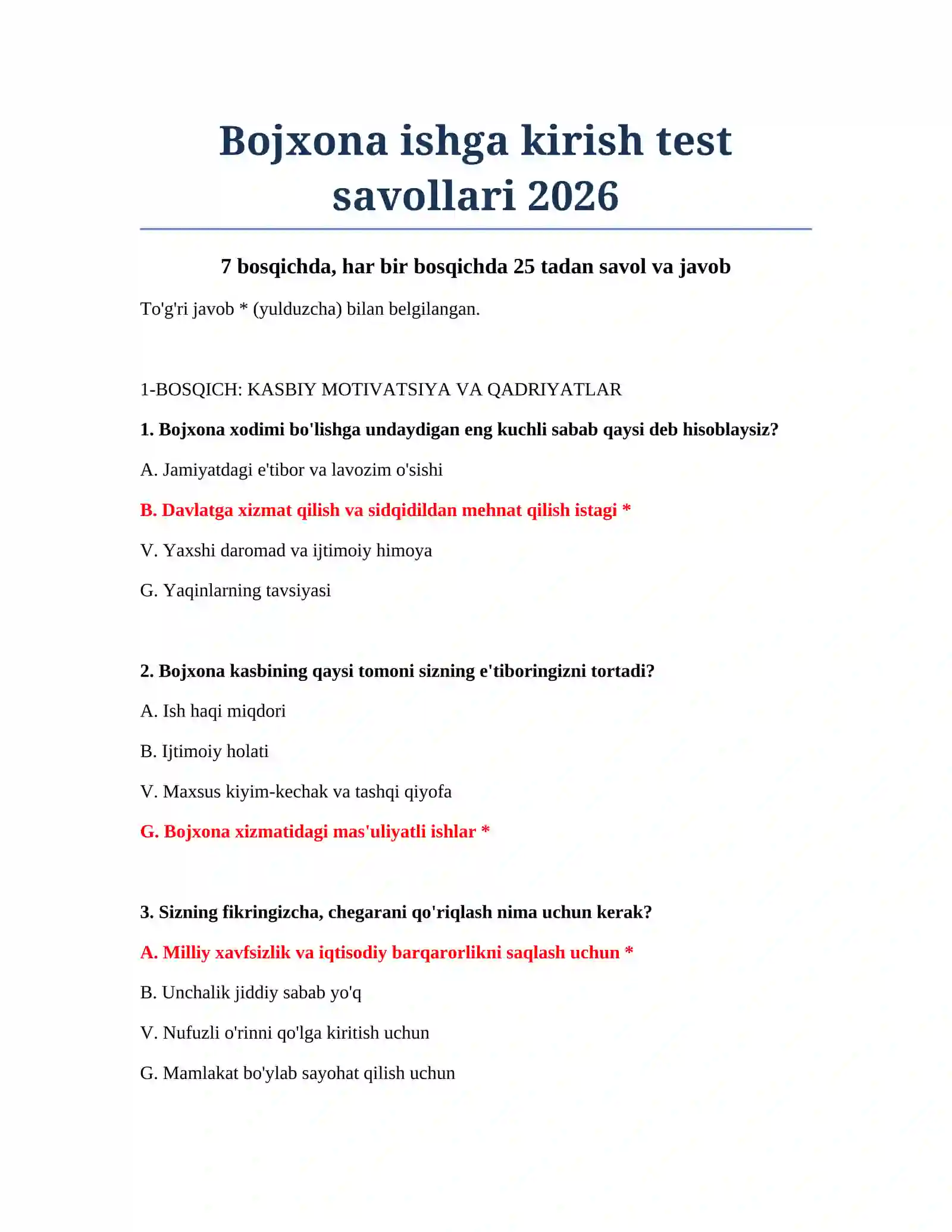 Bojxona ishga kirish test savollari 2026 2