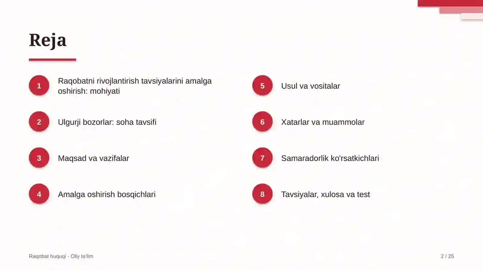 ulgurji bozorlarda raqobatni rivojlantirish bo'yicha tavsiyalarni amalga oshirish 9131 2