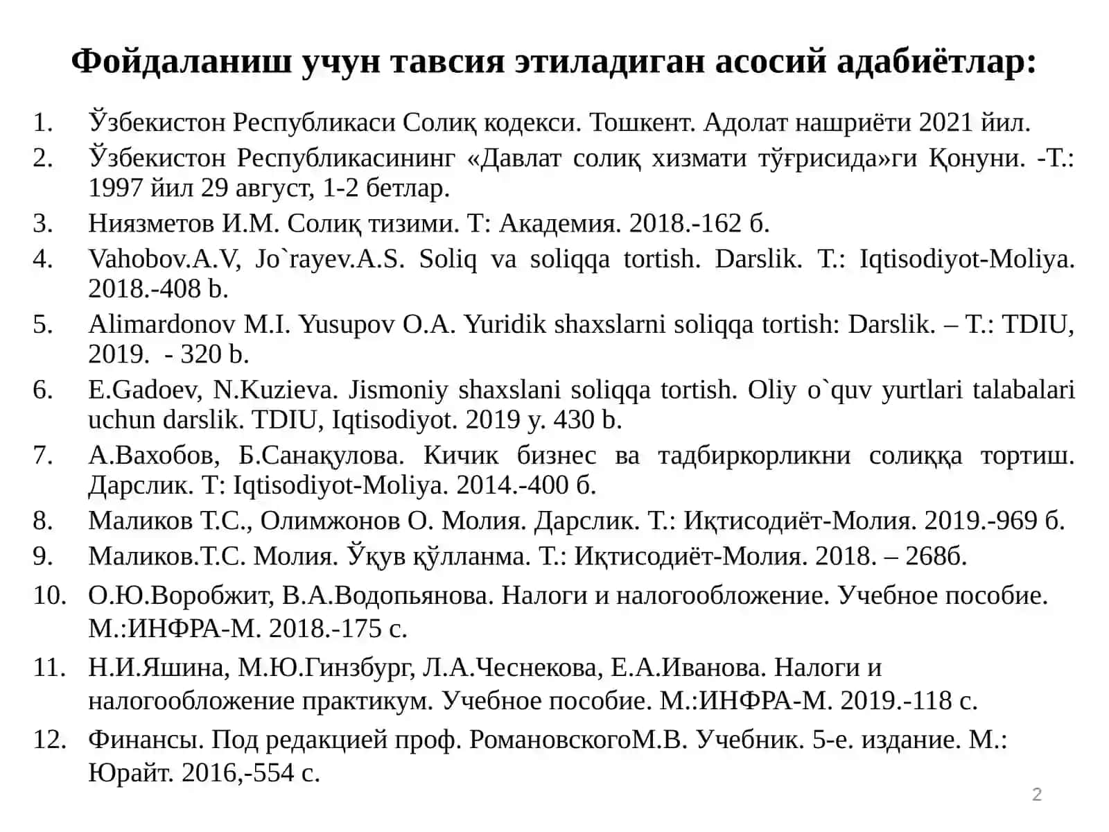 Soliq va soliqqatortish fanidan ma’ruzamashg‘uloti 2