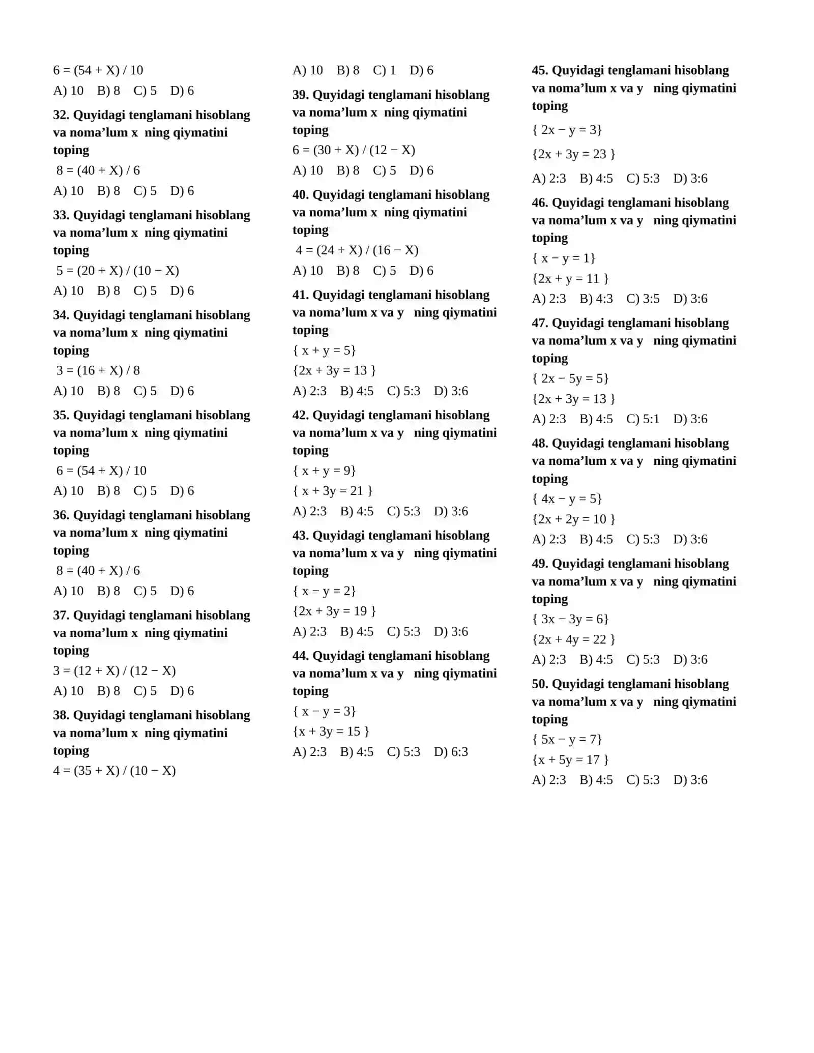 kimyo uchun matematika 50 ta test. 2
