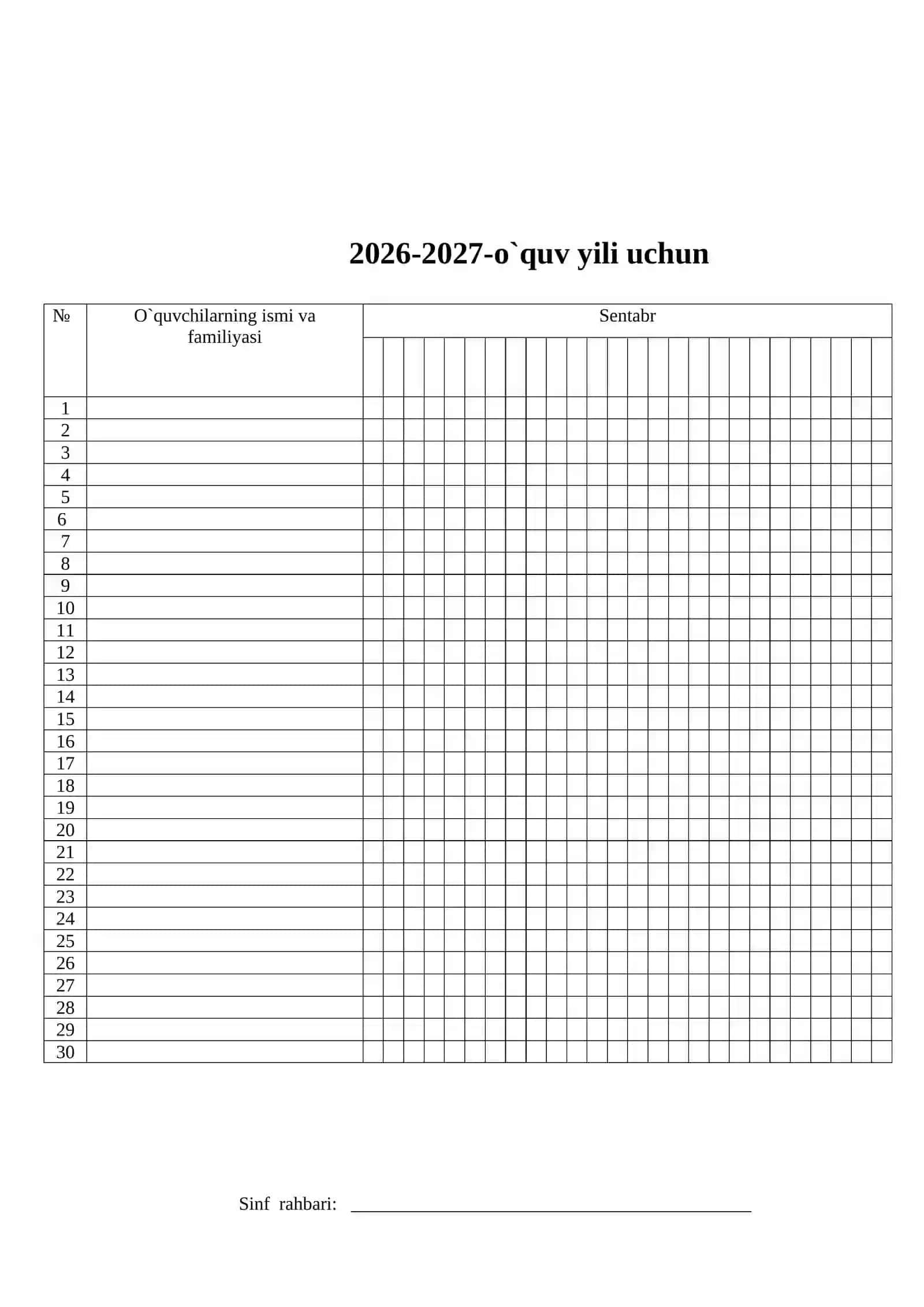 DAVOMAT DAFTARI 2026-2027 O'QUV YILI 2