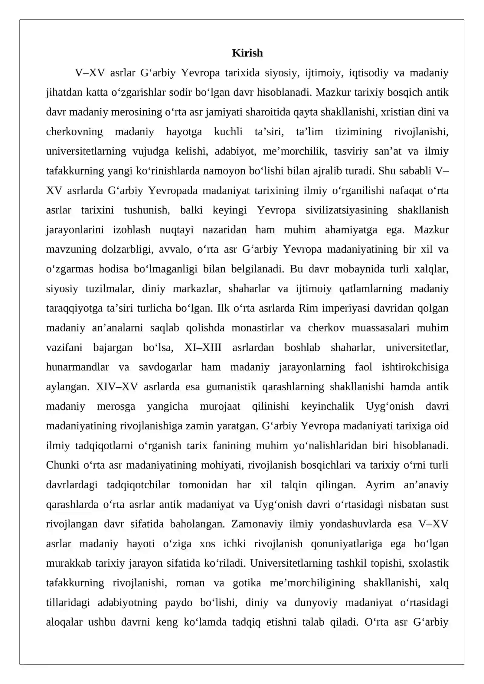 V-XV asrlarda G’arbiy Yevropada madaniyat tarixiga oid ilmiy tadqiqotlar 2